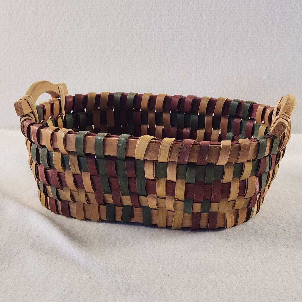 Oblong 13"x8" Multi-colored Woven Basket Wooden Bottom & Handles